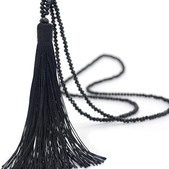 Handmade Woven Layered Y shaped Long Tassel Fringe Crystal Beads Pendant Necklac - Picture 2 of 2